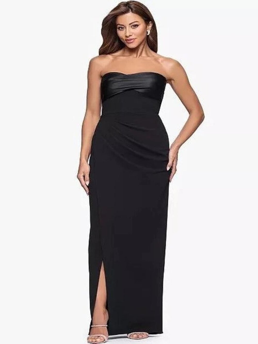 Xscape Black Strapless Scuba Satin Top Evening Gown